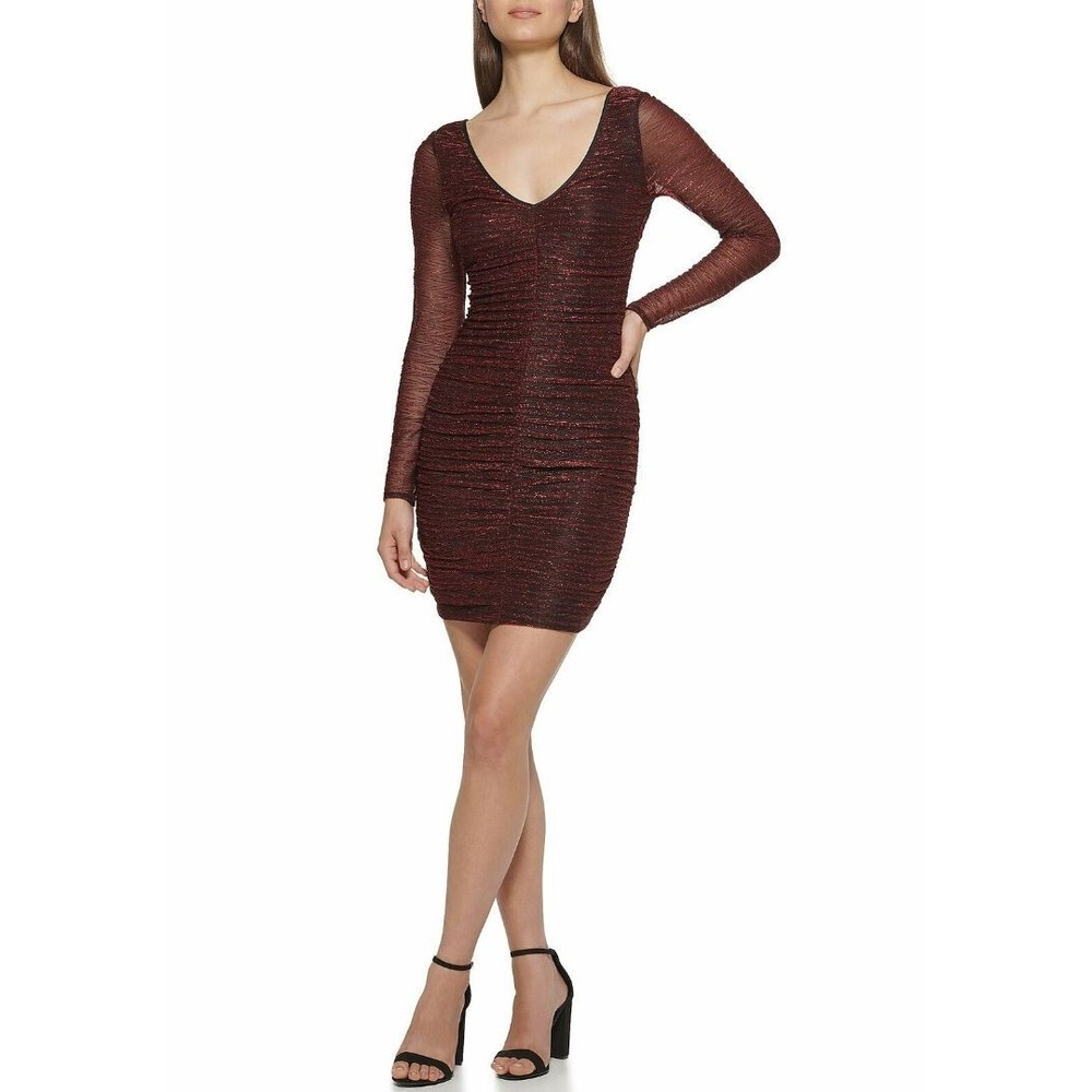 Guess Women Red Metallic Bodycon Dress GDNP3704 Long Sleeve V-Neck Size 4